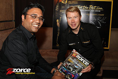 Narend chatting with 1999 Formula One World Champion, Mika Häkkinen, at Aura fir media launch of the Johnnie Walker Join the Pact initiative against Drinking and Driving. 